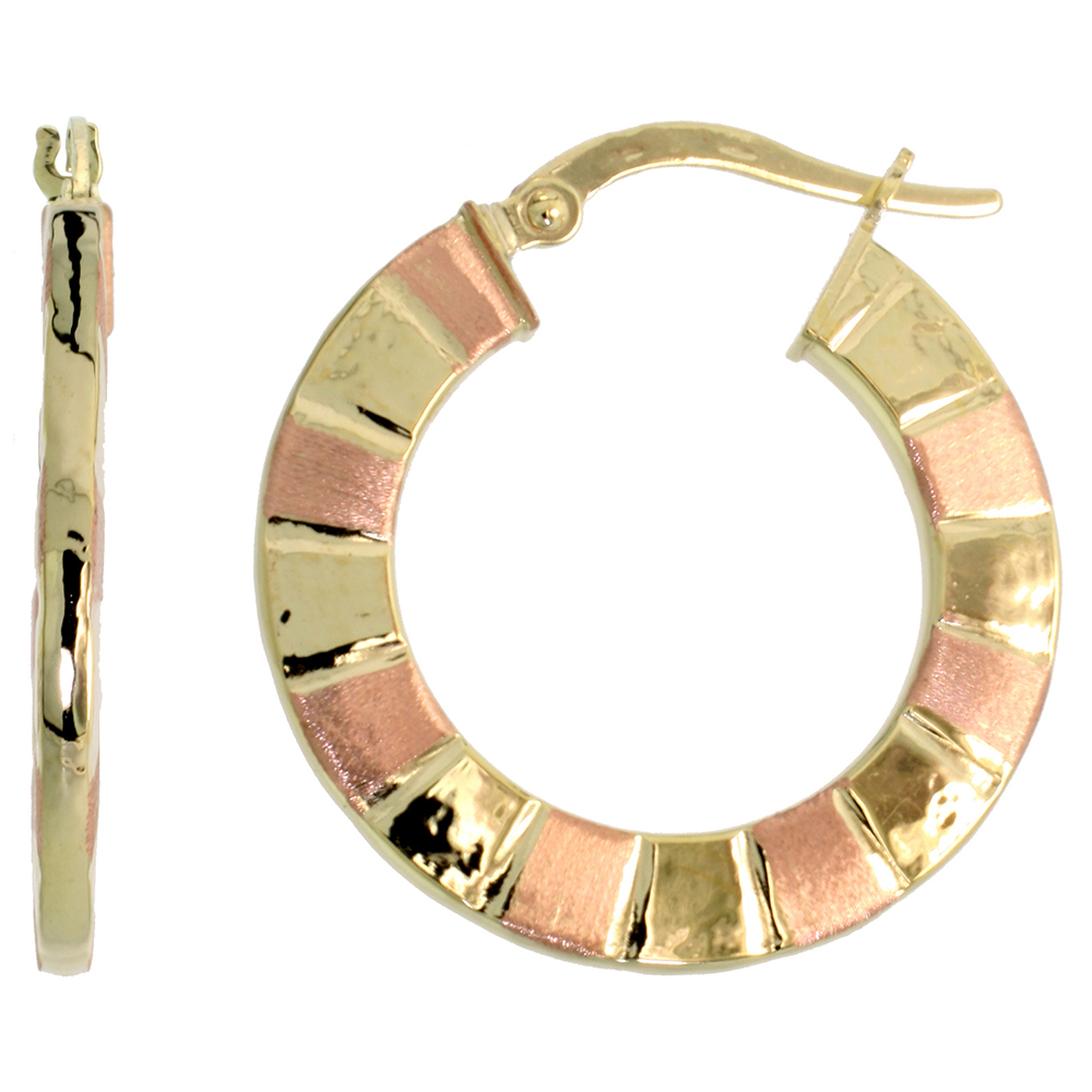 10K Two Tone Gold Flat Hoop Earrings Yellow and Rose Stripe Pattern Italy 1 inch