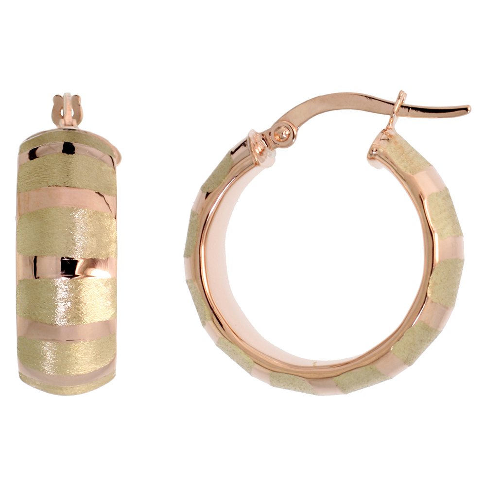 10K Rose Gold Hoop Earrings Polished Horizantal Stripes Italy 7/8 inch