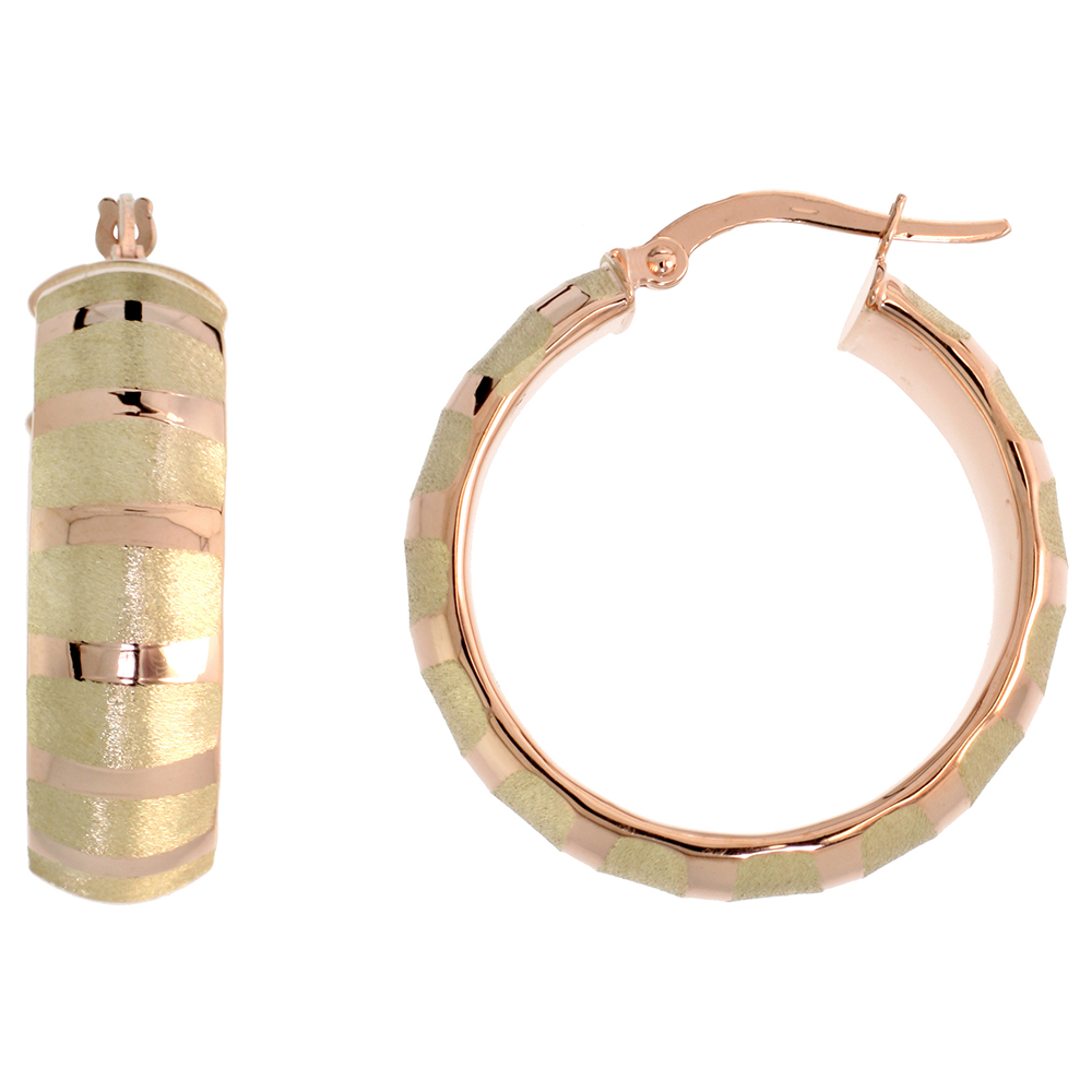 10K ROSE GOLD HOOP EARRINGS POLISHED HORIZANTAL STRIPES ITALY 1 1/8 INCH