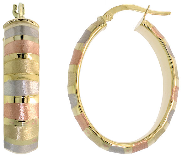 10K TRI COLOR GOLD OVAL HOOP EARRINGS VERTICAL ROSE WHITE YELLOW STRIPE PATTERN ITALY 1 5/16 INCH