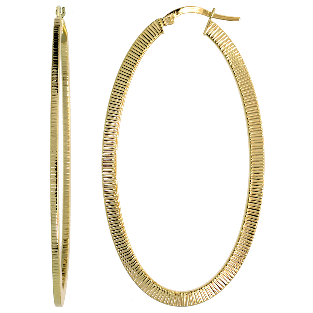 10K Yellow Gold Flat Hoop Earrings Oval Shape Coin Edge Pattern Italy 2 5/16 inch