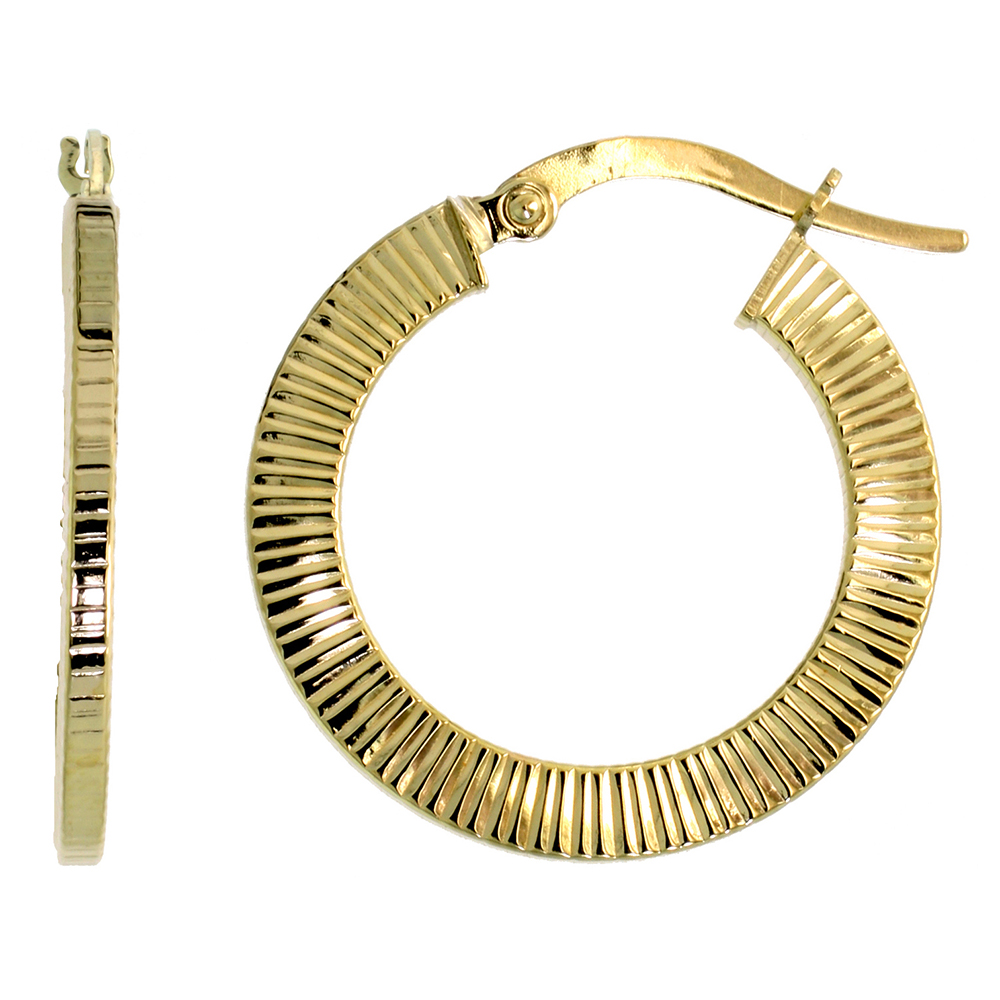 10K YELLOW GOLD FLAT HOOP EARRINGS COIN EDGE PATTERN ITALY 7/8 INCH