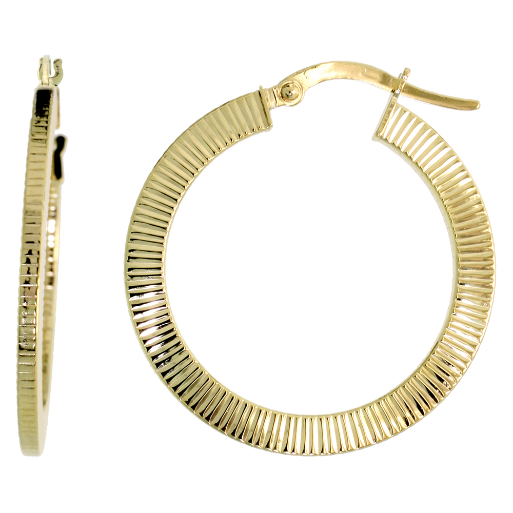 10K Yellow Gold Flat Hoop Earrings Coin Edge Pattern Italy 1 1/8 inch