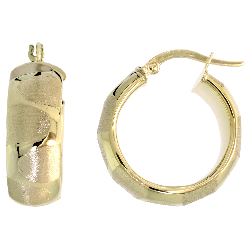 10K YELLOW GOLD HOOP EARRINGS POLISHED WAVE PATTERN ITALY 7/8 INCH