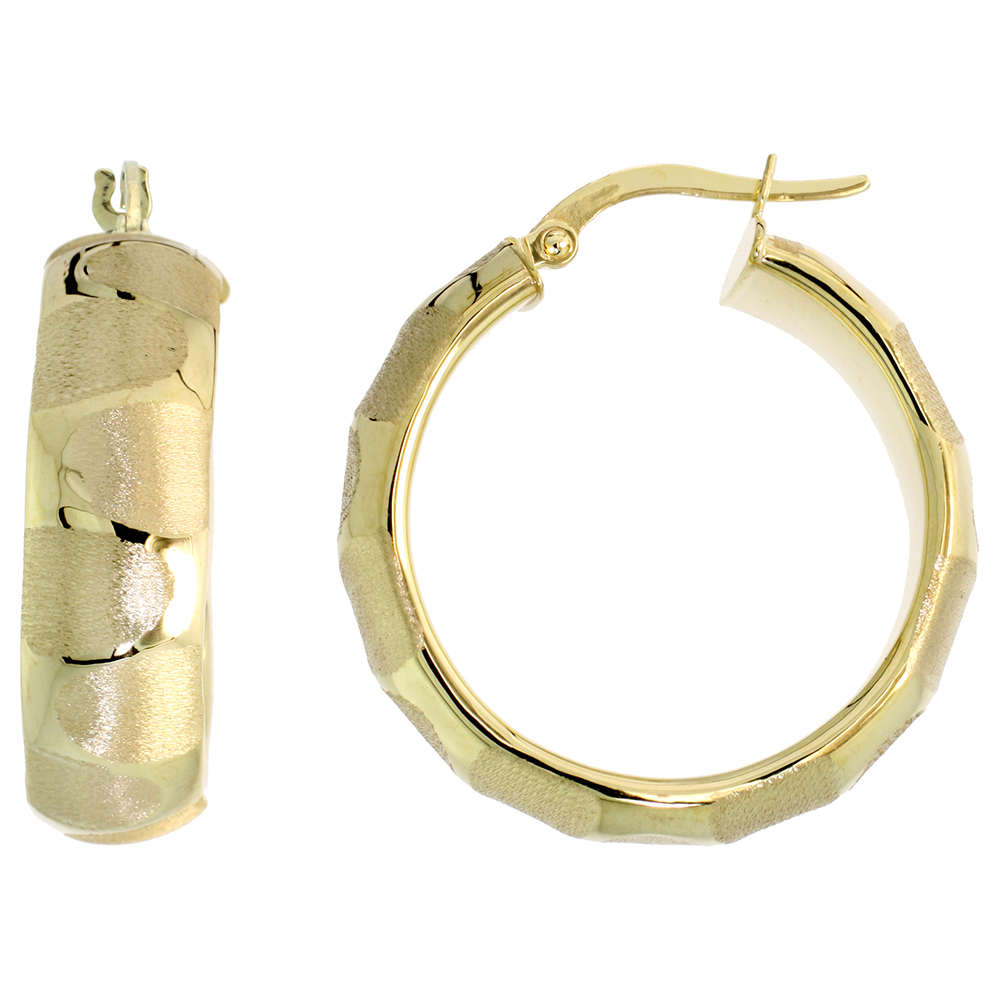 10K YELLOW GOLD HOOP EARRINGS POLISHED WAVE PATTERN ITALY 1 1/8 INCH