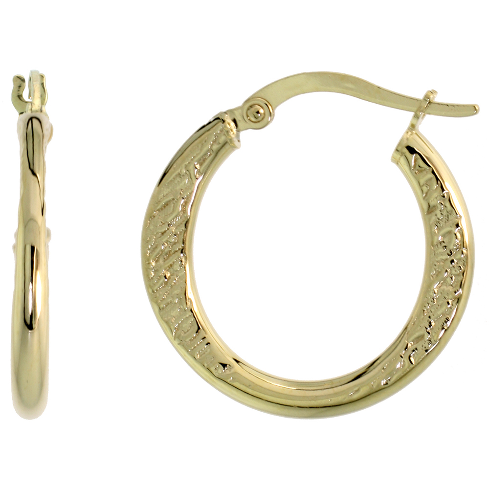 10K YELLOW GOLD HOOP EARRINGS DABBED AND TEXTURED ITALY 7/8 INCH