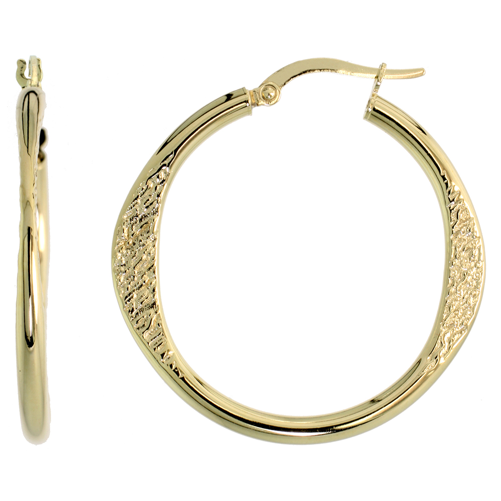 10K Yellow Gold Hoop Earrings Dabbed and Textured Italy 1 5/16 inch