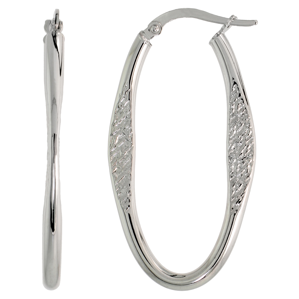 10K White Gold Oval Hoop Earrings Dabbed and Textured Italy 1 1/2 inch