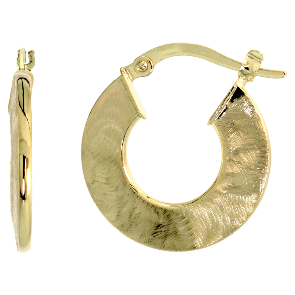 10K YELLOW GOLD FLAT HOOP EARRINGS ABSTRACT BRUSH FINISH ITALY 3/4 INCH