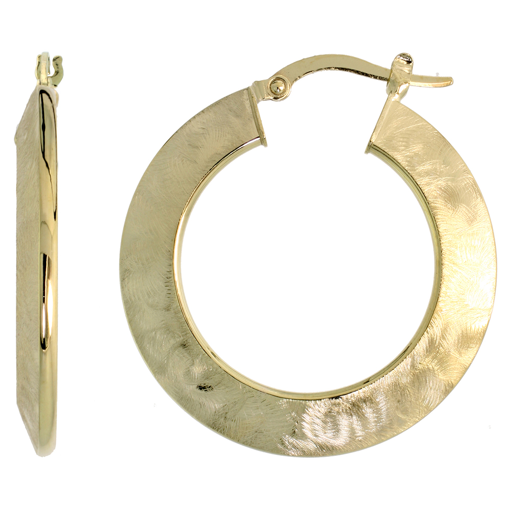 10K YELLOW GOLD FLAT HOOP EARRINGS ABSTRACT BRUSH FINISH ITALY 1 1/4 INCH
