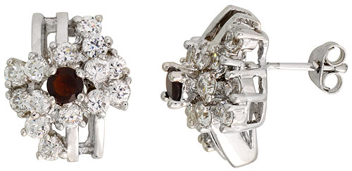STERLING SILVER GARNET RED COLOR CUBIC ZIRCONIA COCKTAIL EARRINGS RHODIUM FINISH 1/2 INCH LONG