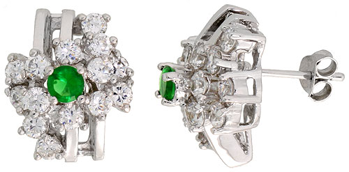 STERLING SILVER EMERALD GREEN COLOR CUBIC ZIRCONIA COCKTAIL EARRINGS RHODIUM FINISH 1/2 INCH LONG