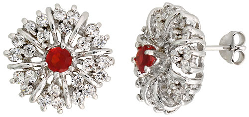 STERLING SILVER GARNET RED COLOR CUBIC ZIRCONIA STARBURST EARRINGS RHODIUM FINISH 1/2 INCH LONG