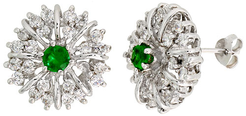 STERLING SILVER EMERALD GREEN COLOR CUBIC ZIRCONIA STARBURST EARRINGS RHODIUM FINISH 1/2 INCH LONG
