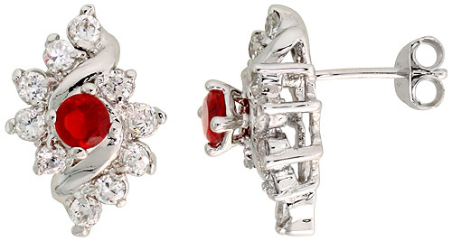 STERLING SILVER GARNET RED COLOR CUBIC ZIRCONIA EARRINGS DIAMOND-SHAPE RHODIUM FINISH 1/2 INCH LONG