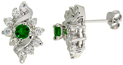 STERLING SILVER EMERALD GREEN COLOR CUBIC ZIRCONIA DIAMOND-SHAPE EARRINGS RHODIUM FINISH 1/2 INCH LONG