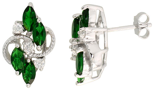 STERLING SILVER EMERALD GREEN COLOR CUBIC ZIRCONIA 4-STONE NAVETTE SHAPE EARRINGS RHODIUM FINISH 3/4 INCH LONG