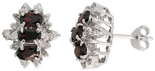 STERLING SILVER GARNET RED COLOR CUBIC ZIRCONIA EARRINGS OVAL SHAPE RHODIUM FINISH 1/2 INCH LONG