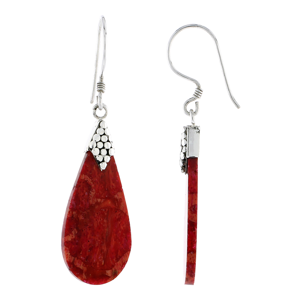 Sterling Silver Natural Coral Pear Shape Dangle Earrings 1 1/4 inches long