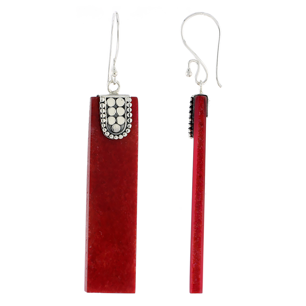 Sterling Silver Natural Coral Rectangular Shape Dangle Earrings 1 5/8 inches long