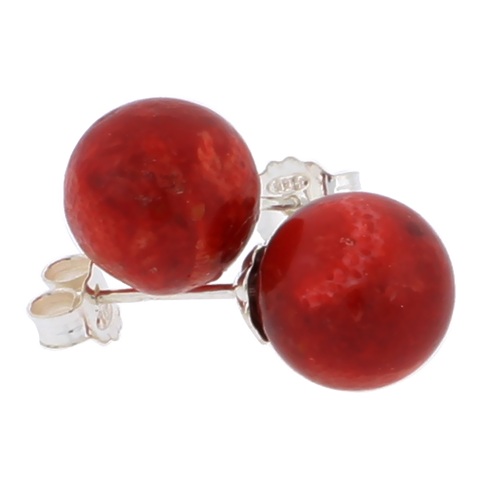 STERLING SILVER NATURAL CORAL BALL STUD EARRINGS 3/8 INCHES LONG