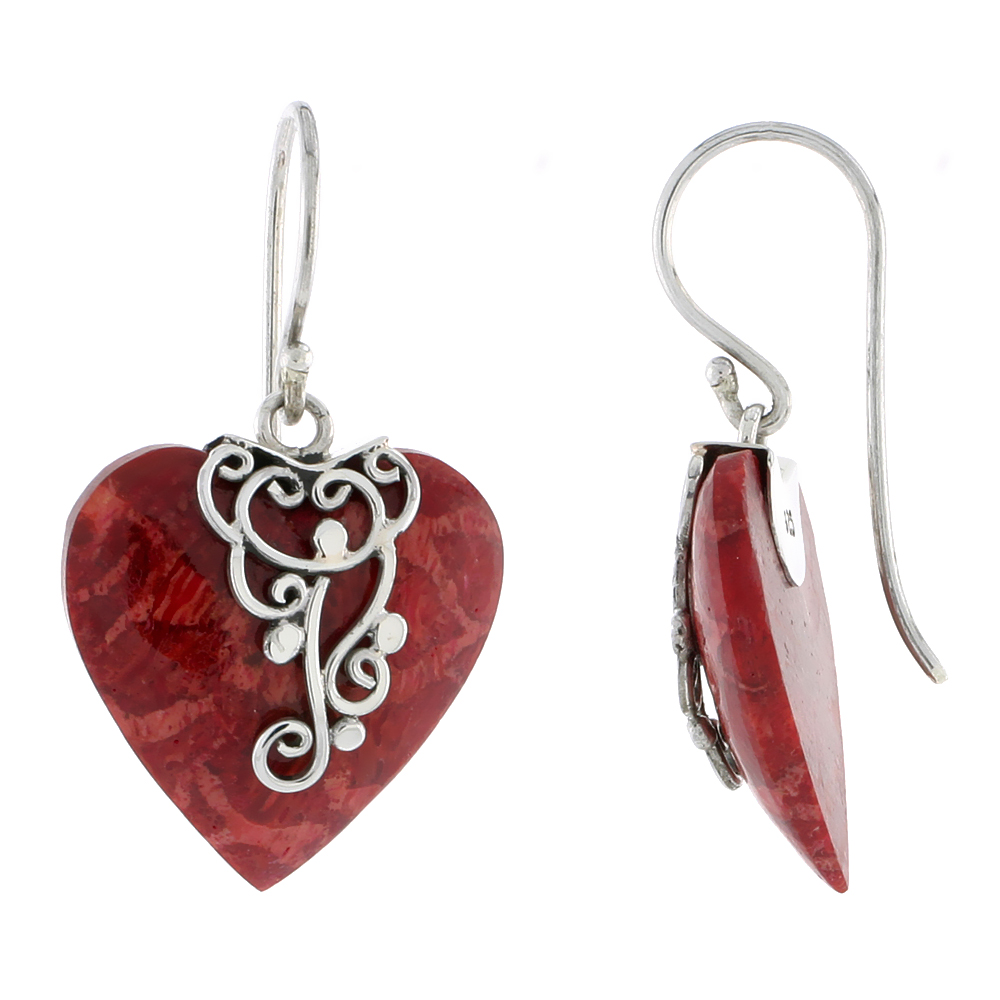 Sterling Silver Natural Coral Heart Shape Dangle Earrings 13/16 inches long