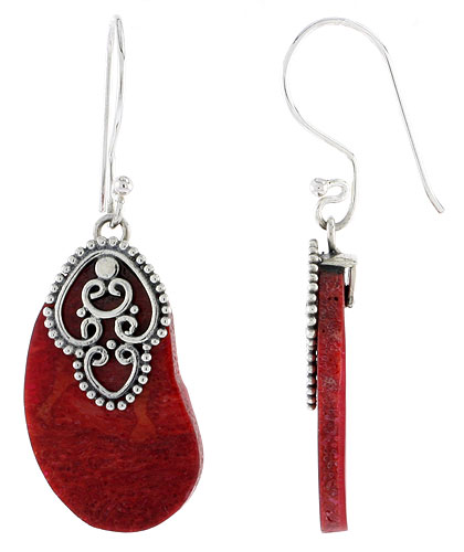 Sterling Silver Natural Coral Kidney Shape Dangle Earrings 1 inch long