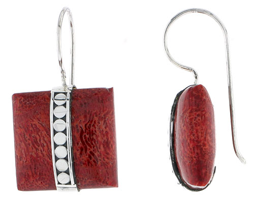 Sterling Silver Natural Coral Square Shape Earrings 11/16 inches long