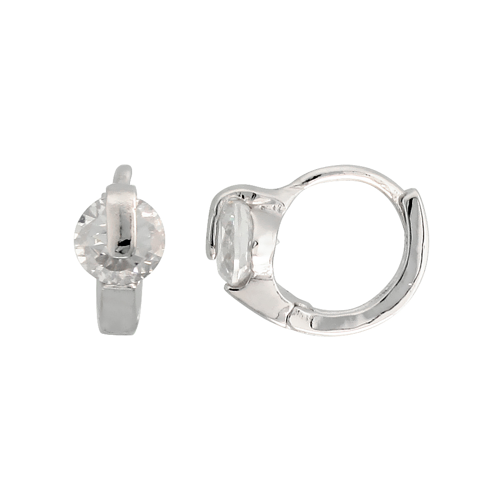 STERLING SILVER CUBIC ZIRCONIA TINY HUGGIE HOOP EARRINGS FOR WOMEN 3/8 INCH ROUND