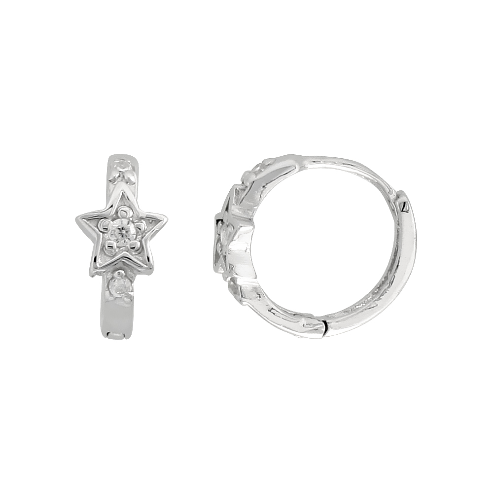 STERLING SILVER CUBIC ZIRCONIA TINY STAR HUGGIE HOOP EARRINGS FOR WOMEN 19/36 INCH ROUND
