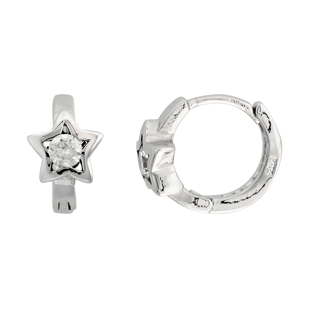 STERLING SILVER CUBIC ZIRCONIA STAR HUGGIE HOOP EARRINGS FOR WOMEN 9/16 INCH ROUND