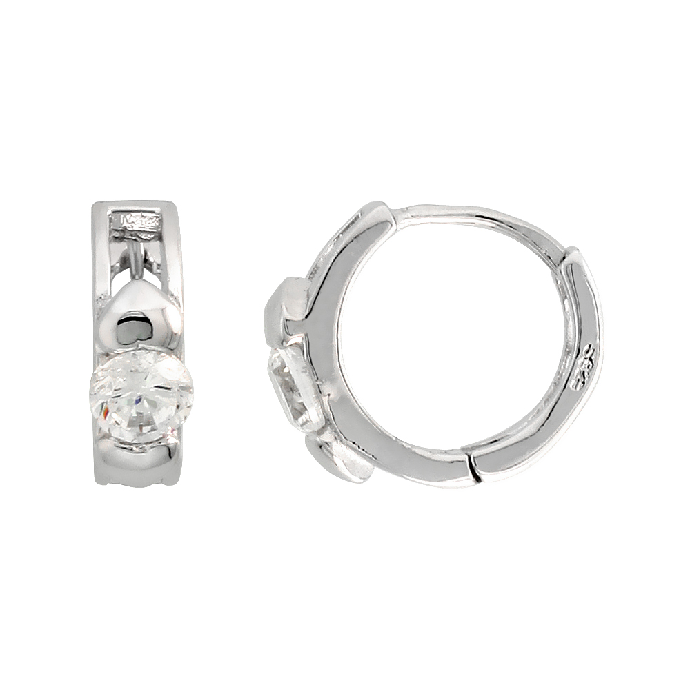 STERLING SILVER CUBIC ZIRCONIA HUGGIE HOOP EARRINGS FOR WOMEN DOUBLE TEENY HEARTS 7/16 INCH ROUND