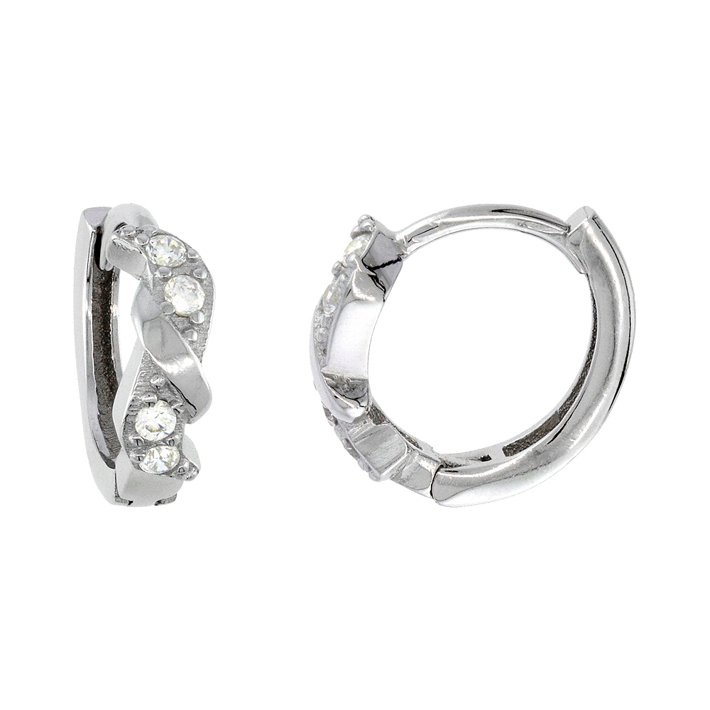 STERLING SILVER CUBIC ZIRCONIA HUGGIE HOOP SWIRL EARRINGS FOR WOMEN 7/16 INCH ROUND