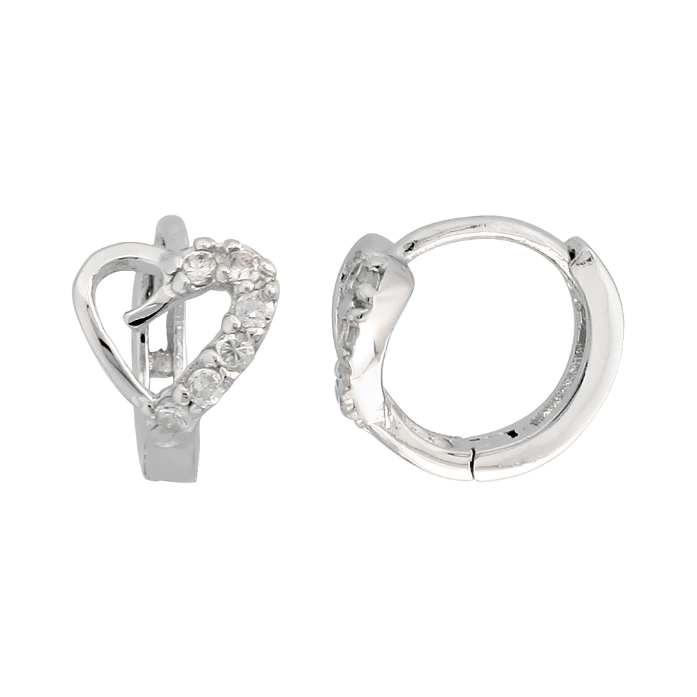 STERLING SILVER CUBIC ZIRCONIA HEART CUT OUT HUGGIE HOOP EARRINGS FOR WOMEN 3/8 INCH ROUND