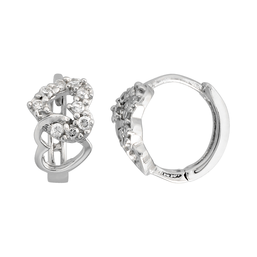 STERLING SILVER CUBIC ZIRCONIA DOUBLE HEART CUT OUT HUGGIE HOOP EARRINGS 7/16 INCH ROUND