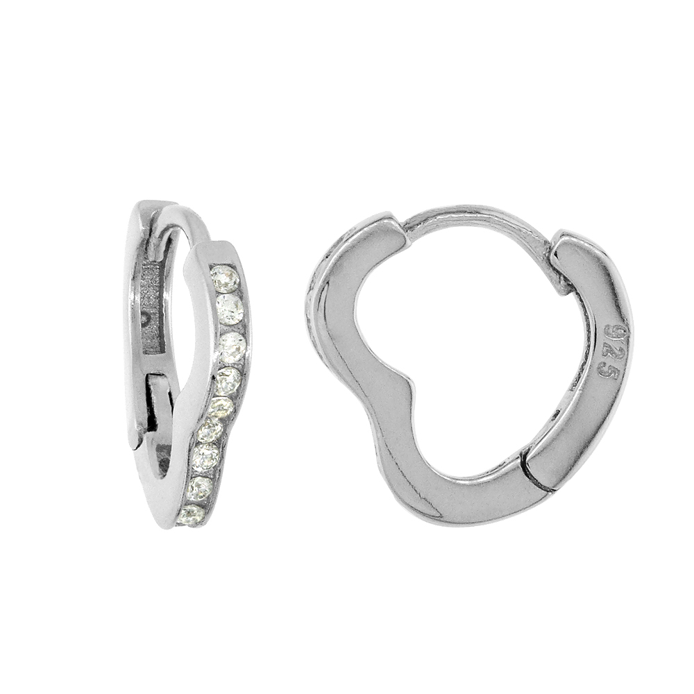 STERLING SILVER CUBIC ZIRCONIA HEART-SHAPED HUGGIE HOOP EARRINGS 1/2 INCH ROUND