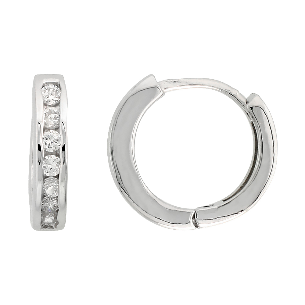 STERLING SILVER CUBIC ZIRCONIA ETERNITY HUGGIE HOOP EARRINGS 9/16 INCH ROUND