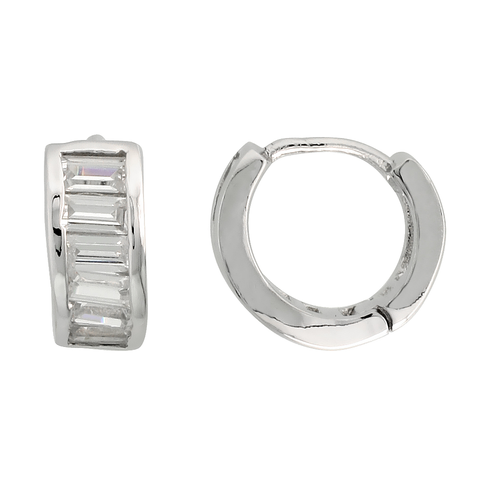 STERLING SILVER CUBIC ZIRCONIA HUGGIE HOOP EARRINGS FOR WOMEN 7/16 INCH ROUND