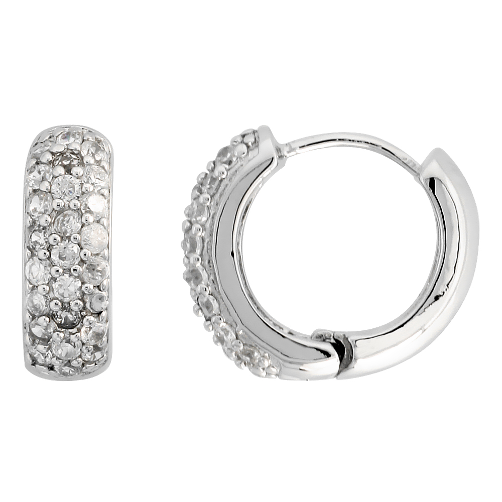 STERLING SILVER CUBIC ZIRCONIA HUGGIE HOOP EARRINGS FOR WOMEN 9/16 INCH ROUND