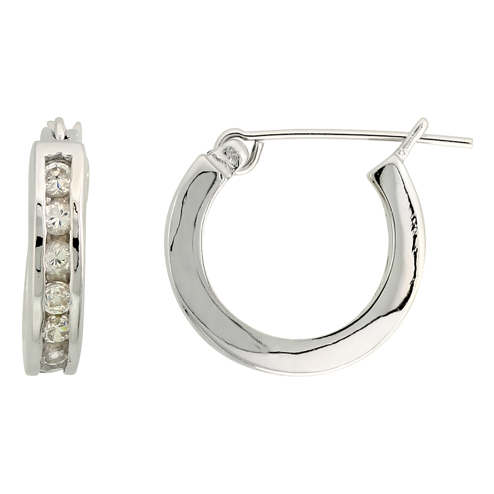 STERLING SILVER CUBIC ZIRCONIA HUGGIE HOOP EARRINGS 9/16 INCH ROUND