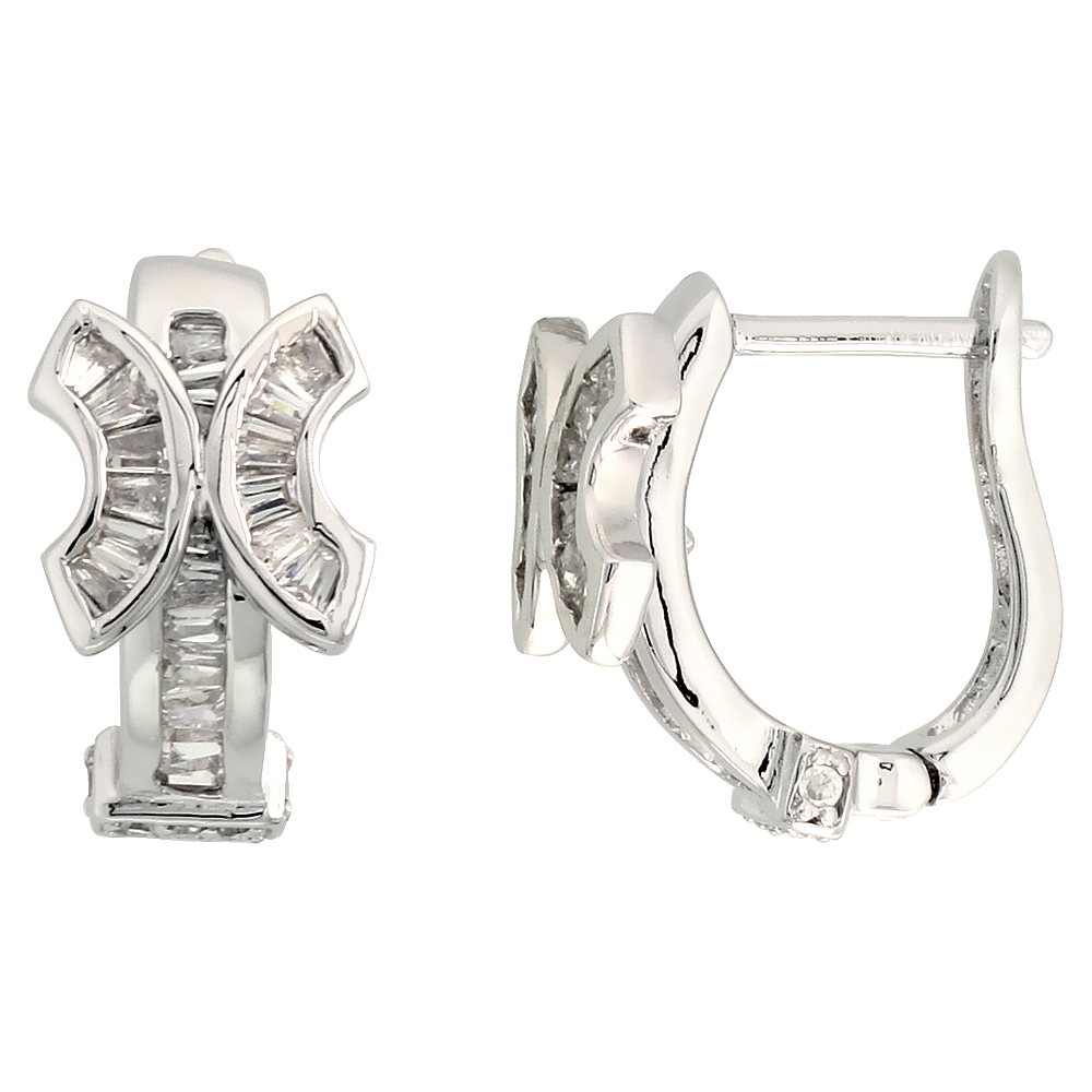 STERLING SILVER CUBIC ZIRCONIA U-SHAPED HUGGIE HOOP EARRINGS BUTTERFLY-LIKE ACCENT 5/8 INCH ROUND