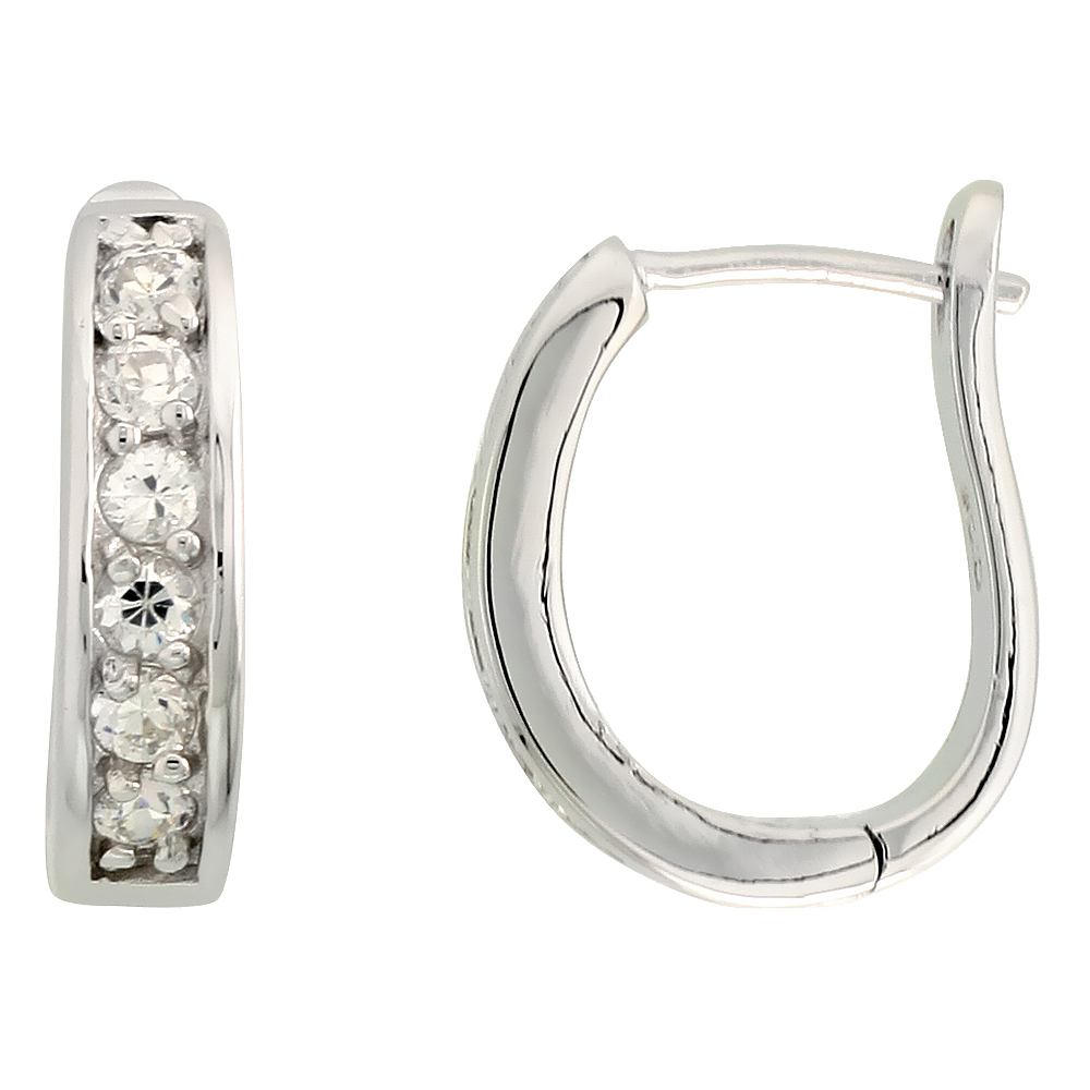 STERLING SILVER CUBIC ZIRCONIA U-SHAPED HUGGIE HOOP EARRINGS 11/16 INCH ROUND