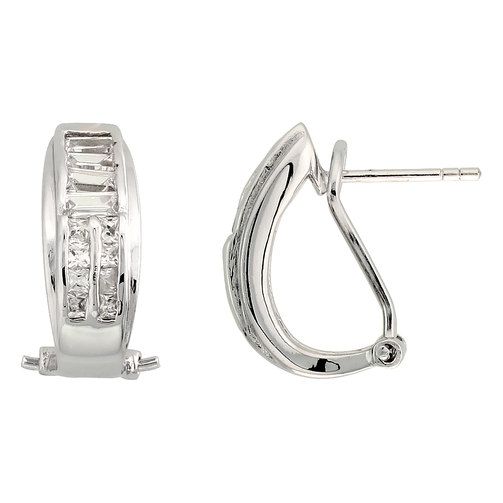 STERLING SILVER CUBIC ZIRCONIA OMEGA BACK HUGGIE EARRINGS FOR WOMEN 11/16 INCH ROUND