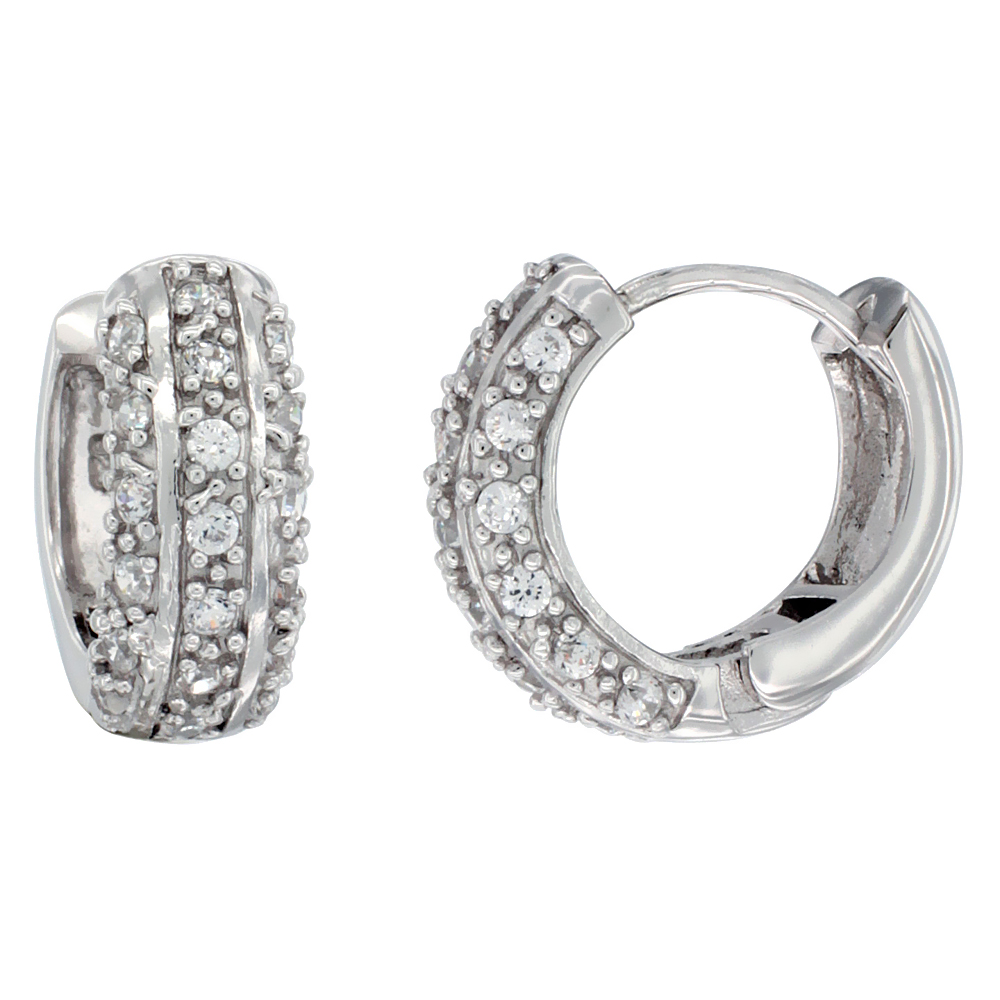 STERLING SILVER CUBIC ZIRCONIA HUGGIE HOOP EARRINGS FOR WOMEN 5/8 INCH ROUND