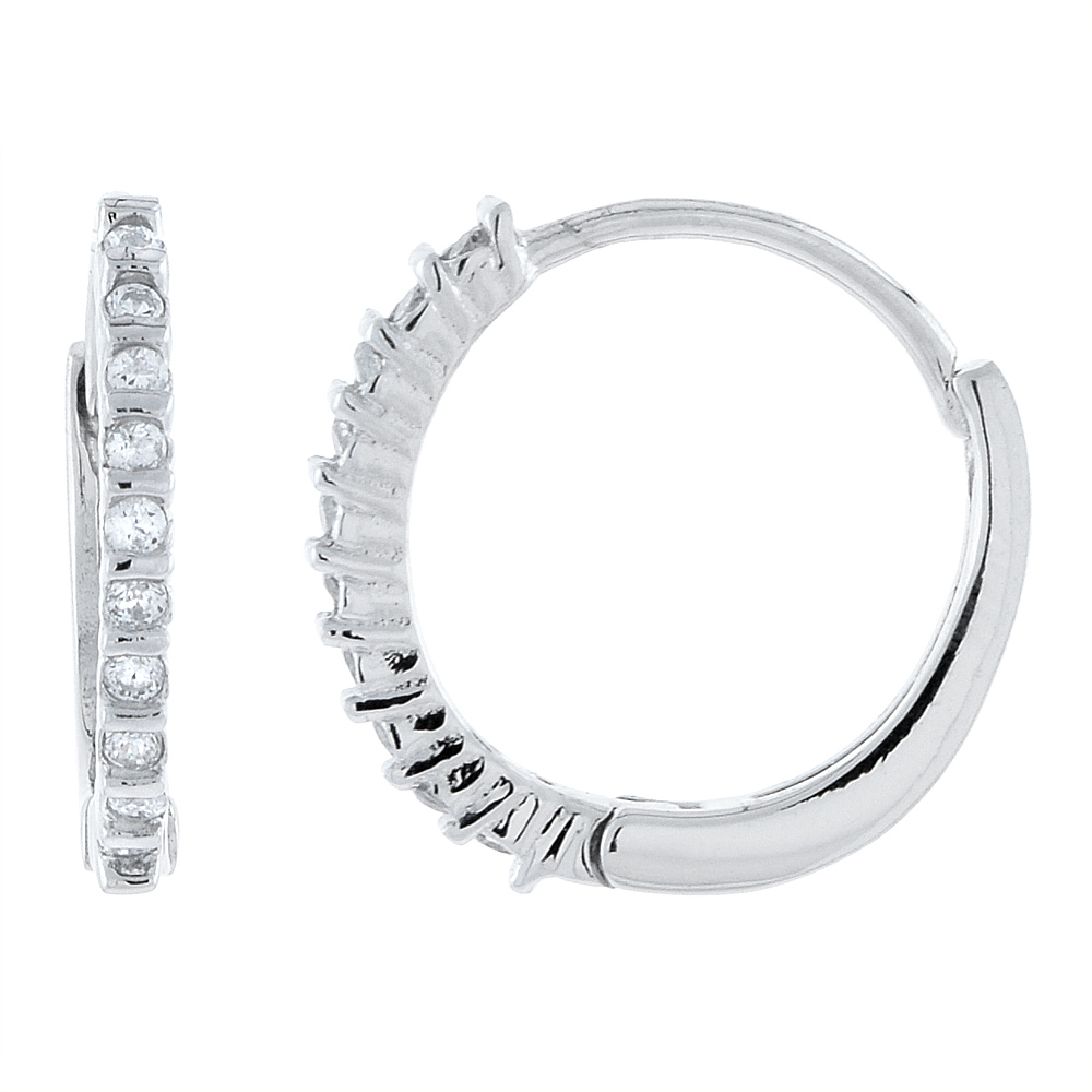 STERLING SILVER CUBIC ZIRCONIA HUGGIE HOOP EARRINGS FOR WOMEN 5/8 INCH ROUND