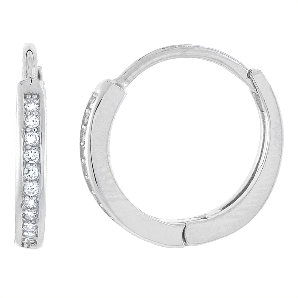 STERLING SILVER CUBIC ZIRCONIA CHANNEL HUGGIE HOOP EARRINGS FOR WOMEN 9/16 INCH ROUND