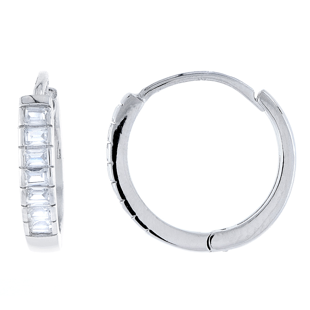 STERLING SILVER CUBIC ZIRCONIA CHANNEL HUGGIE HOOP EARRINGS FOR WOMEN 11/16 INCH ROUND