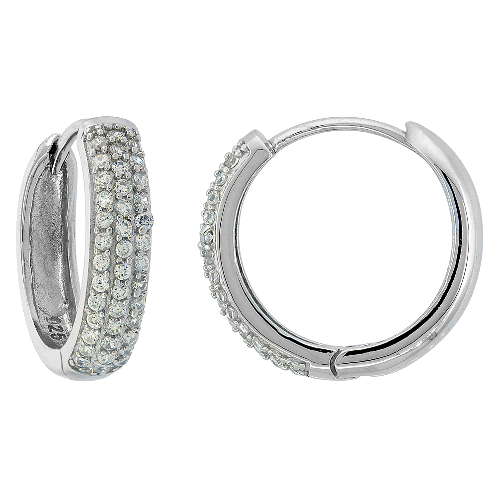 STERLING SILVER CUBIC ZIRCONIA PAVE HUGGIE HOOP EARRINGS FOR WOMEN 13/16 INCH ROUND