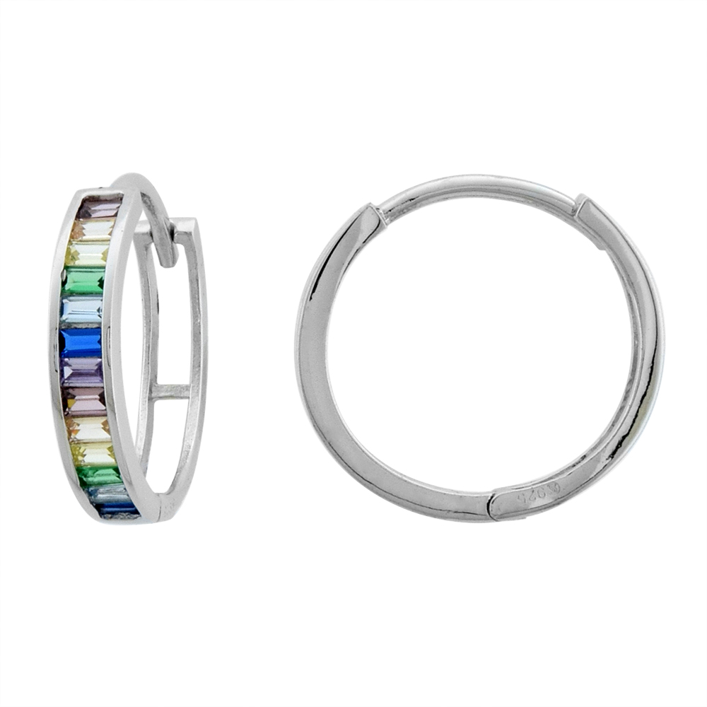 Sterling Silver Baguette CZ Multicolor Huggie Hinged Hoop Earrings for Women 3mm thick Rhodium Plated 5/8 inch Round