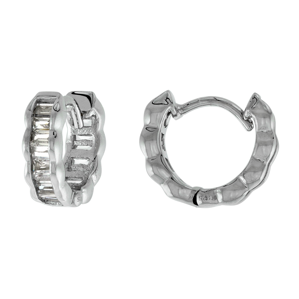 Sterling Silver Baguette CZ Scalloped Edge Huggie Hinged Hoop Earrings for Women 4mm thick Rhodium Plated 1/2 inch Round